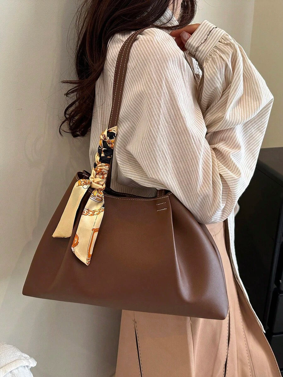 EMERY ROSE 2026 Spring New Arrival High-End Fashion Pleated Large Capacity Tote Bag With Scarf, Luxury Versatile Shoulder Handbag