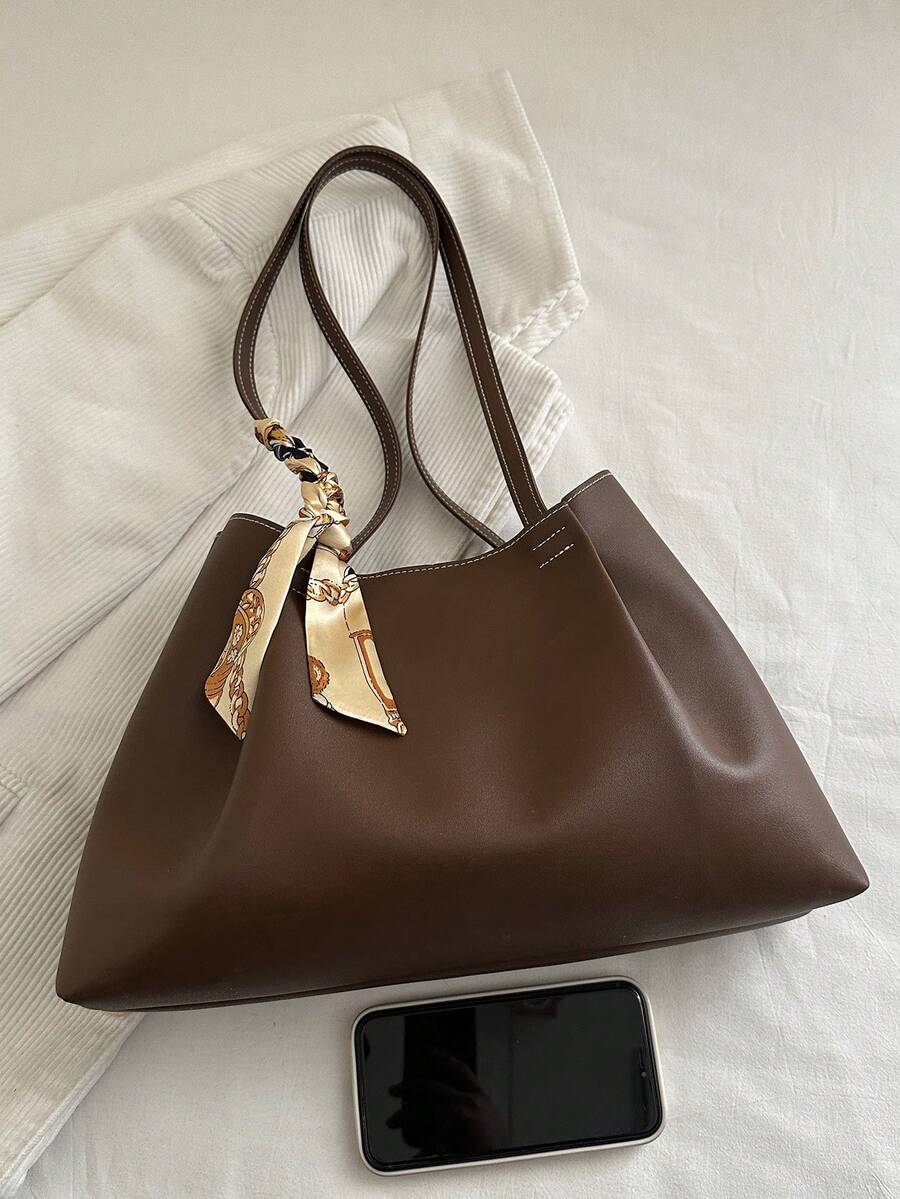 EMERY ROSE 2026 Spring New Arrival High-End Fashion Pleated Large Capacity Tote Bag With Scarf, Luxury Versatile Shoulder Handbag