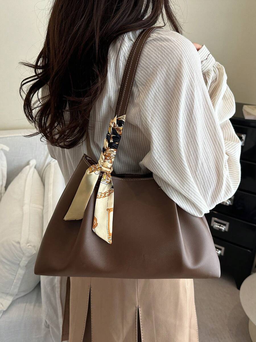 EMERY ROSE 2026 Spring New Arrival High-End Fashion Pleated Large Capacity Tote Bag With Scarf, Luxury Versatile Shoulder Handbag