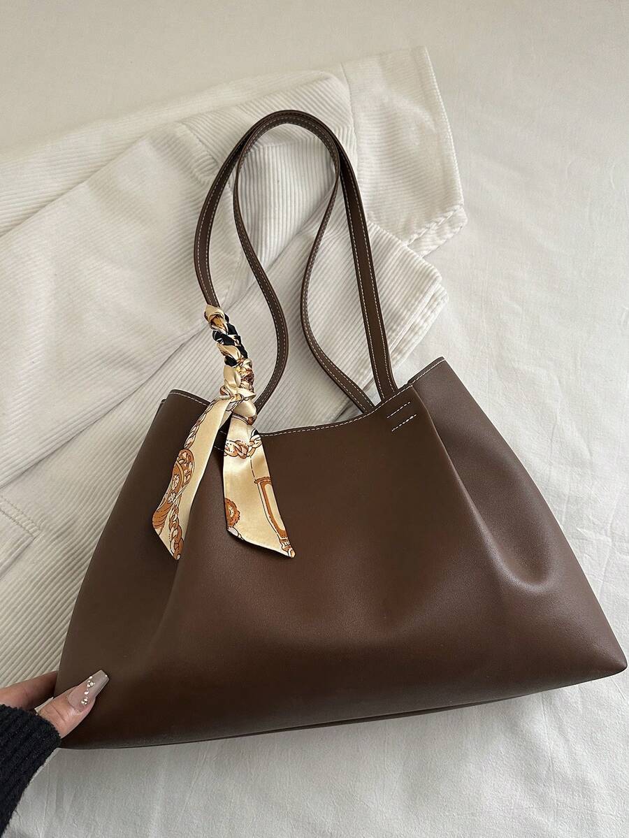 EMERY ROSE 2026 Spring New Arrival High-End Fashion Pleated Large Capacity Tote Bag With Scarf, Luxury Versatile Shoulder Handbag