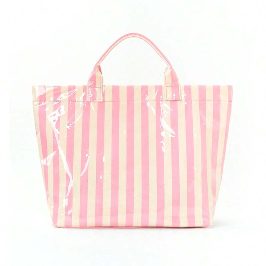 Striped PVC Coated Tote Bag, Large Capacity Travel Handbag, Suitable For Beach, Pool, Shopping, Vacation, Picnic And Daily Carry