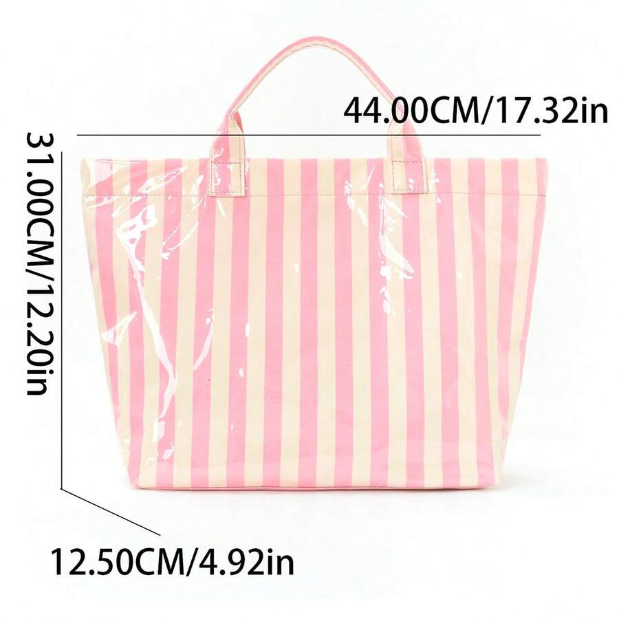 Striped PVC Coated Tote Bag, Large Capacity Travel Handbag, Suitable For Beach, Pool, Shopping, Vacation, Picnic And Daily Carry