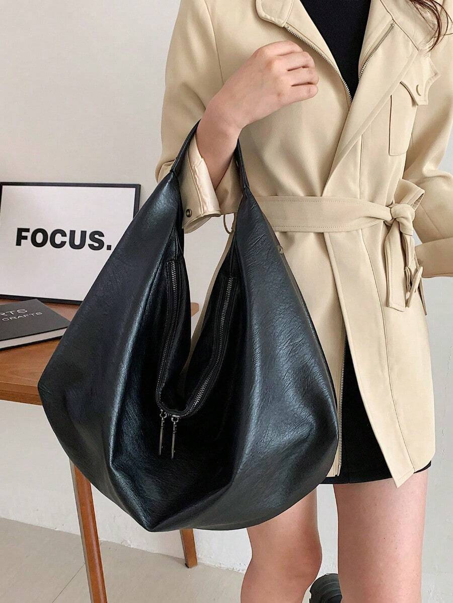 Large Retro Style Hobo Bag Large Capacity PU Tote Bag Women's Casual Shoulder Bag Armpit Bag With Zipper, Suitable For Shopping, Commuting, Work And School, Suitable For College Students, White-Collar