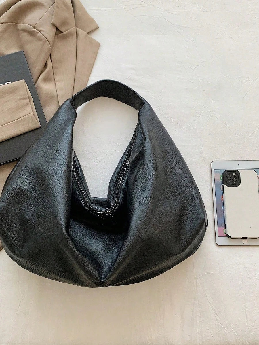 Large Retro Style Hobo Bag Large Capacity PU Tote Bag Women's Casual Shoulder Bag Armpit Bag With Zipper, Suitable For Shopping, Commuting, Work And School, Suitable For College Students, White-Collar