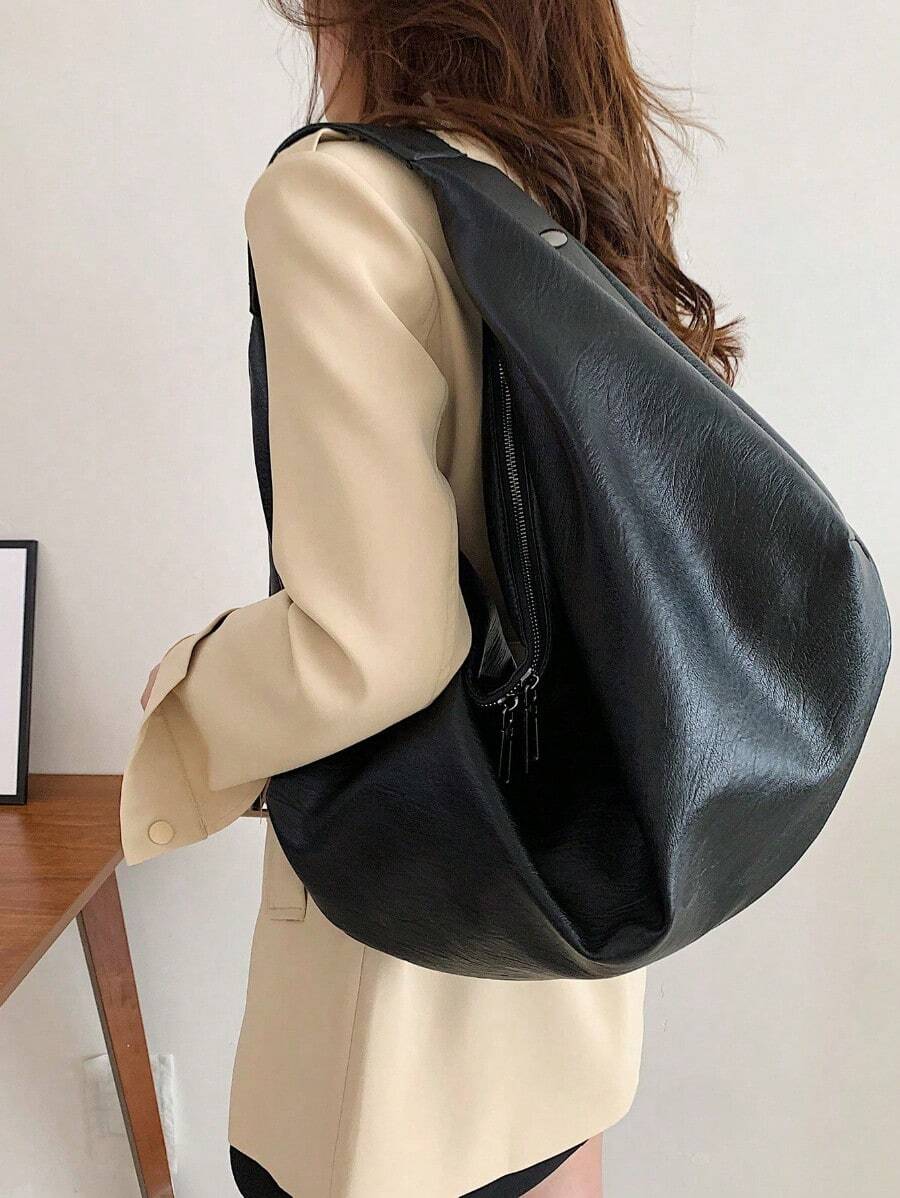Large Retro Style Hobo Bag Large Capacity PU Tote Bag Women's Casual Shoulder Bag Armpit Bag With Zipper, Suitable For Shopping, Commuting, Work And School, Suitable For College Students, White-Collar