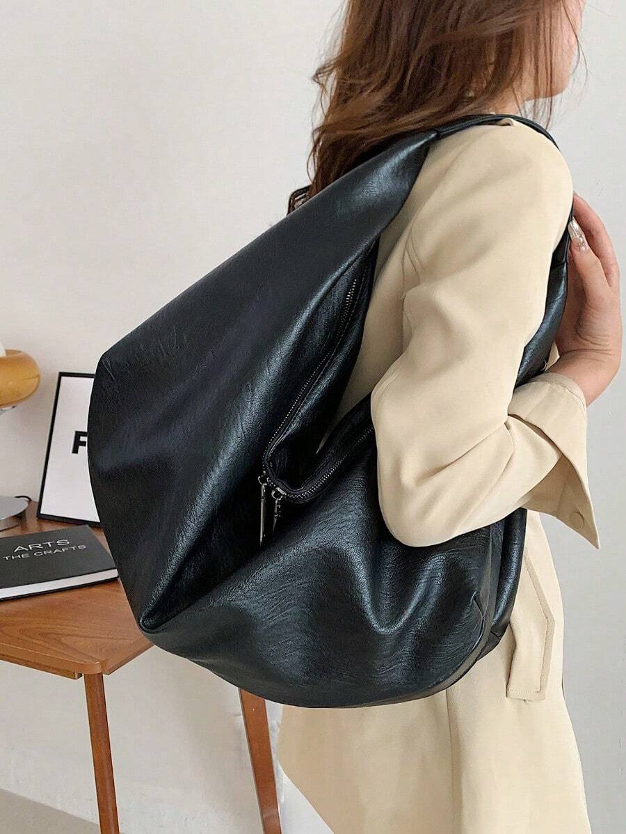 Large Retro Style Hobo Bag Large Capacity PU Tote Bag Women's Casual Shoulder Bag Armpit Bag With Zipper, Suitable For Shopping, Commuting, Work And School, Suitable For College Students, White-Collar