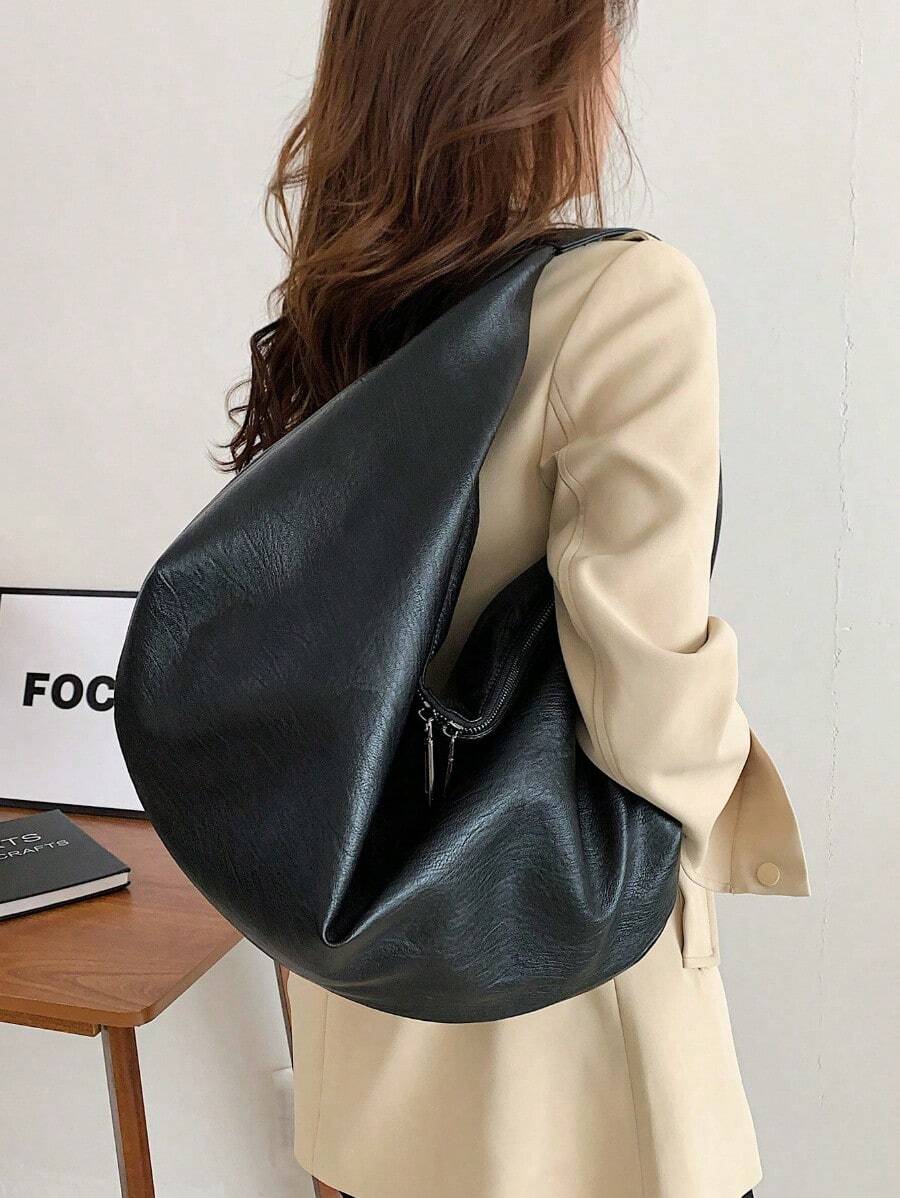Large Retro Style Hobo Bag Large Capacity PU Tote Bag Women's Casual Shoulder Bag Armpit Bag With Zipper, Suitable For Shopping, Commuting, Work And School, Suitable For College Students, White-Collar