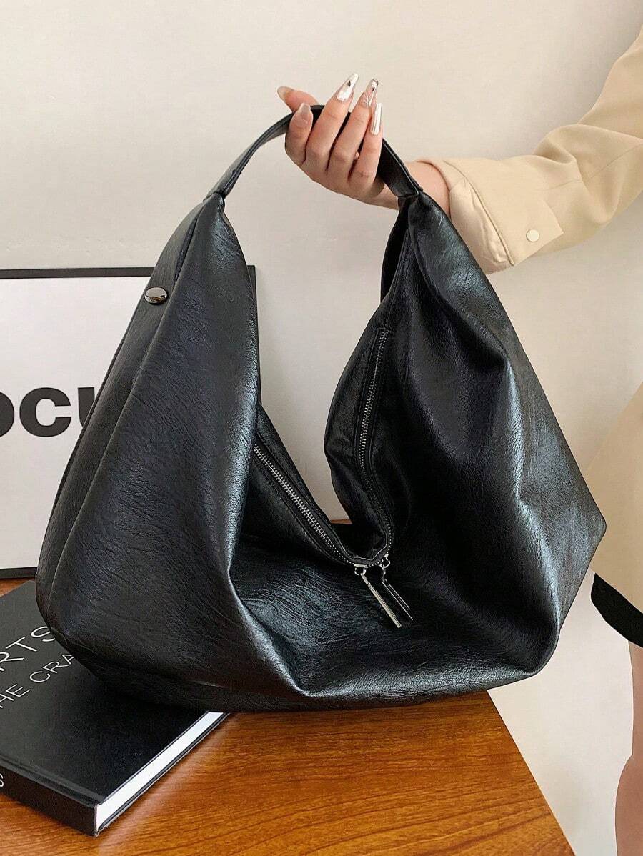 Large Retro Style Hobo Bag Large Capacity PU Tote Bag Women's Casual Shoulder Bag Armpit Bag With Zipper, Suitable For Shopping, Commuting, Work And School, Suitable For College Students, White-Collar