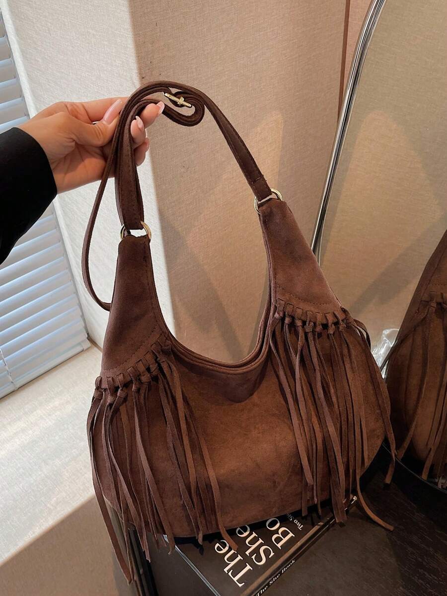 Vintage Matte Suede Tassel Crescent Bag Women Large Capacity Crossbody Tote Bag Fashion Commute Shoulder Bag
