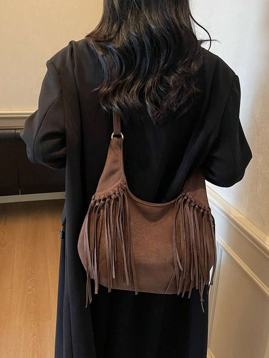 Vintage Matte Suede Tassel Crescent Bag Women Large Capacity Crossbody Tote Bag Fashion Commute Shoulder Bag