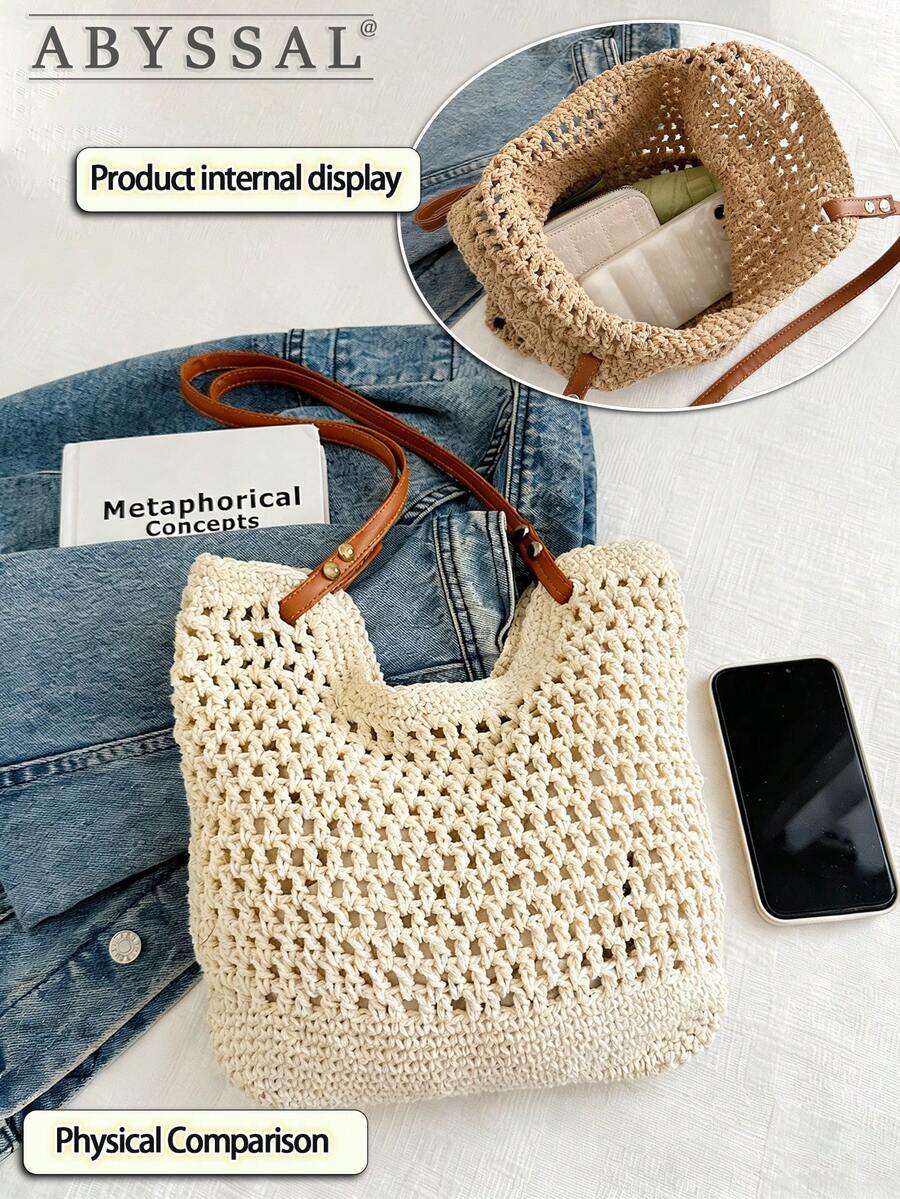 Large Capacity Crochet Tote Bag For Women Summer Vacation Bag Boho Shoulder Bag Beach Bag Hollow Out Straw Bag Casual Handbag Dating Travel Essential