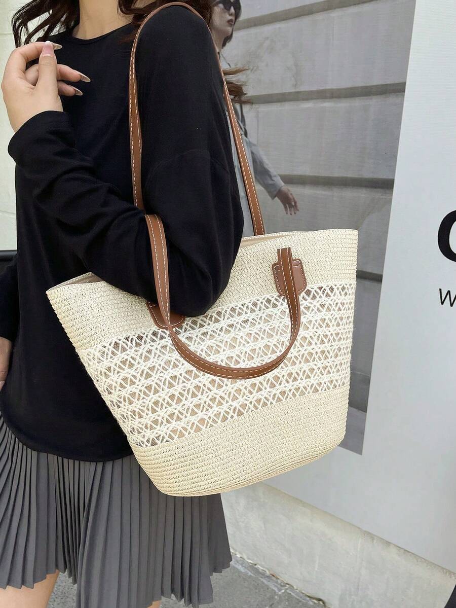 2026 New Large Capacity Straw Tote Bag, Fashion Versatile Commuter Shoulder Bag, Beach Vacation Travel Straw Woven Tote Bag,Holiday