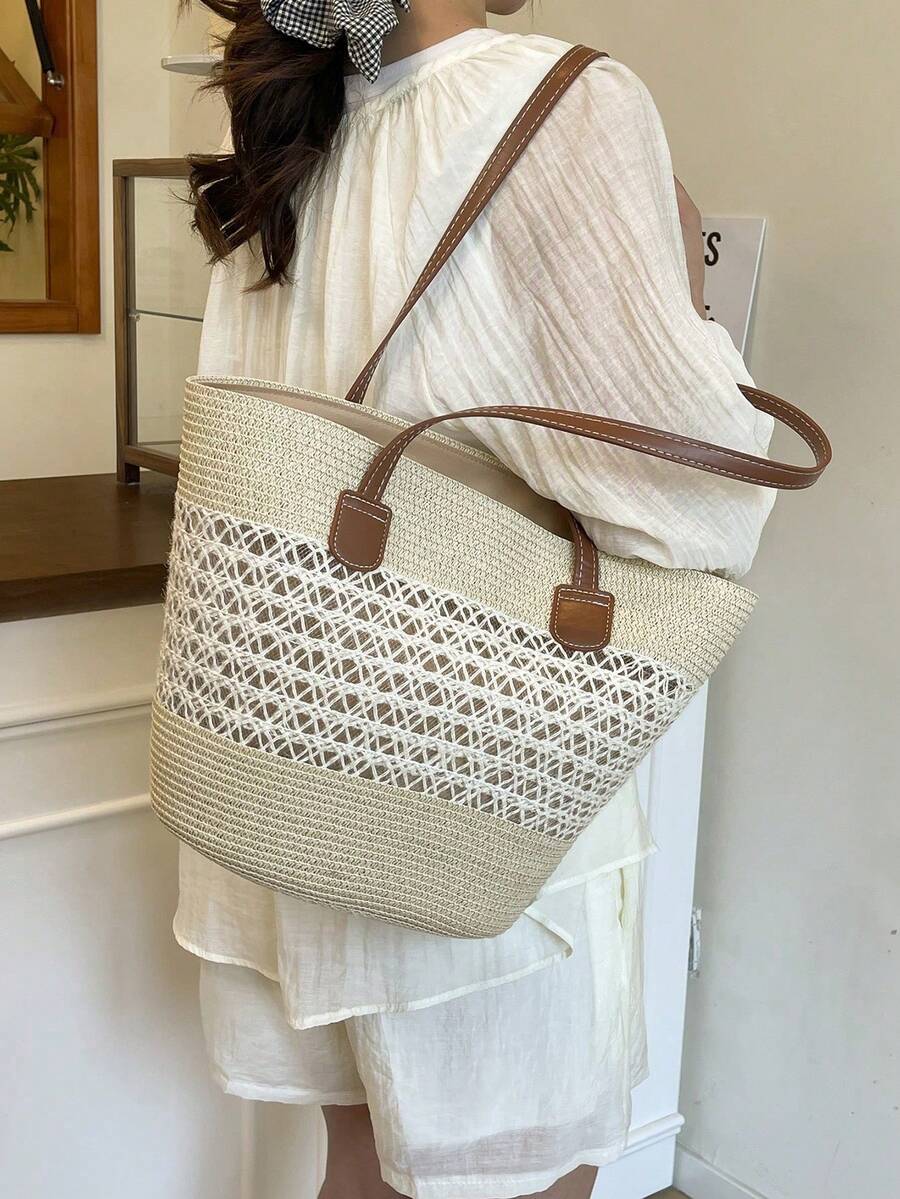 2026 New Large Capacity Straw Tote Bag, Fashion Versatile Commuter Shoulder Bag, Beach Vacation Travel Straw Woven Tote Bag,Holiday