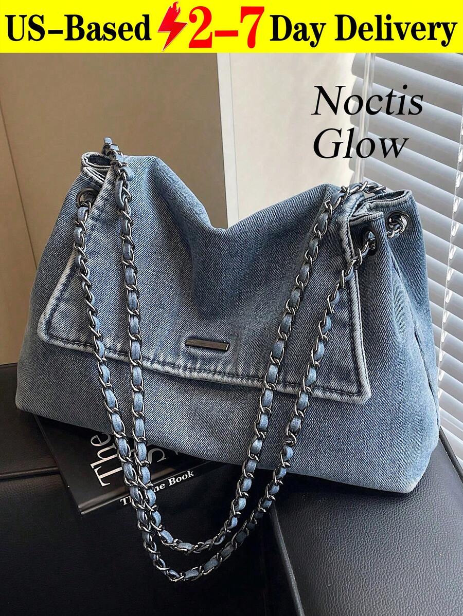 New Fashion Street Chain Decorated Jeans Tote Bag, Versatile Commuting Large Capacity Raw Edge Design Shoulder Bag, Casual Multi-Pocket Handbag, Suitable For Shopping And Commuting., Perfect For Cow G