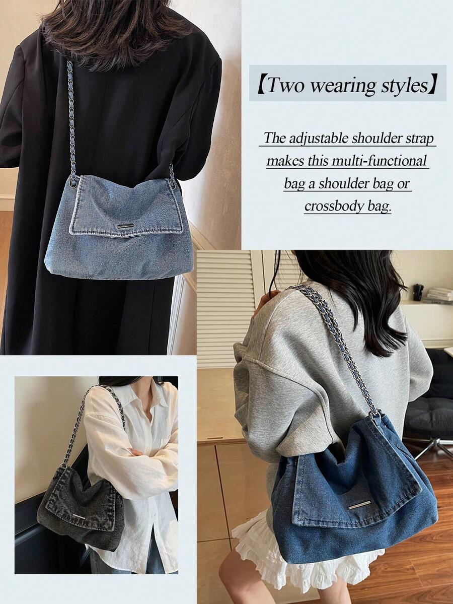 New Fashion Street Chain Decorated Jeans Tote Bag, Versatile Commuting Large Capacity Raw Edge Design Shoulder Bag, Casual Multi-Pocket Handbag, Suitable For Shopping And Commuting., Perfect For Cow G