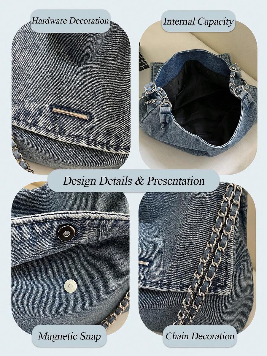 New Fashion Street Chain Decorated Jeans Tote Bag, Versatile Commuting Large Capacity Raw Edge Design Shoulder Bag, Casual Multi-Pocket Handbag, Suitable For Shopping And Commuting., Perfect For Cow G