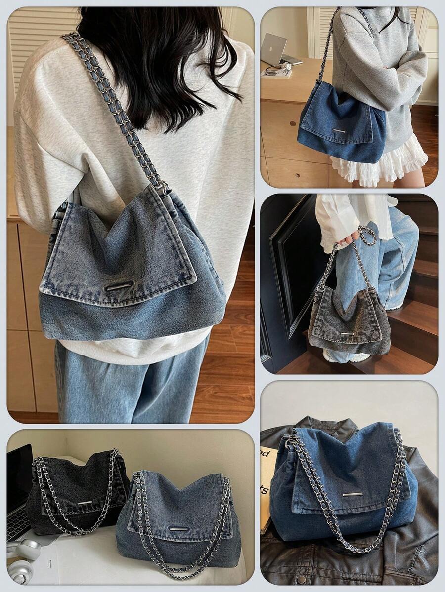 New Fashion Street Chain Decorated Jeans Tote Bag, Versatile Commuting Large Capacity Raw Edge Design Shoulder Bag, Casual Multi-Pocket Handbag, Suitable For Shopping And Commuting., Perfect For Cow G