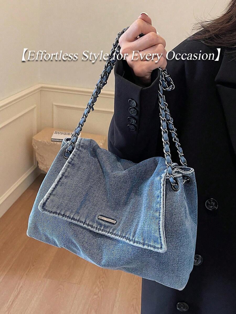 New Fashion Street Chain Decorated Jeans Tote Bag, Versatile Commuting Large Capacity Raw Edge Design Shoulder Bag, Casual Multi-Pocket Handbag, Suitable For Shopping And Commuting., Perfect For Cow G