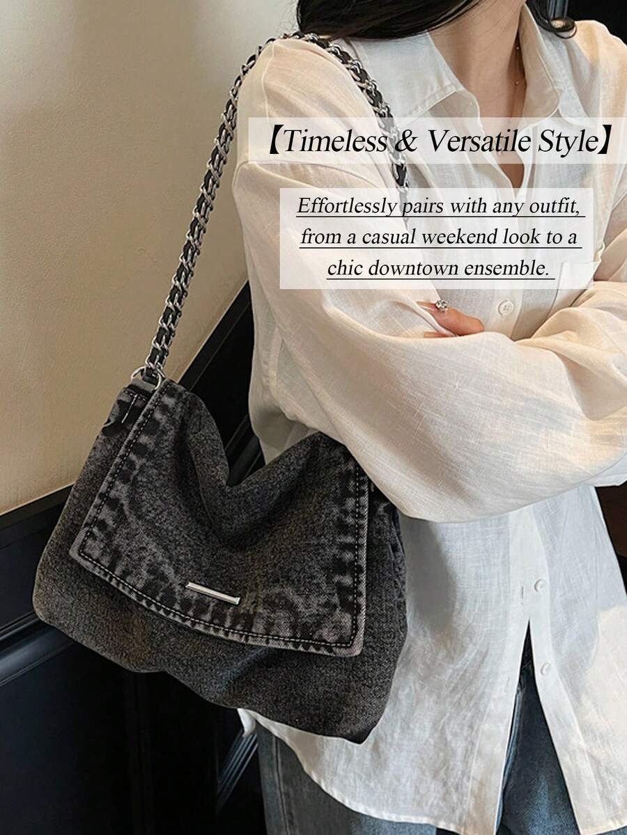 New Fashion Street Chain Decorated Jeans Tote Bag, Versatile Commuting Large Capacity Raw Edge Design Shoulder Bag, Casual Multi-Pocket Handbag, Suitable For Shopping And Commuting., Perfect For Cow G