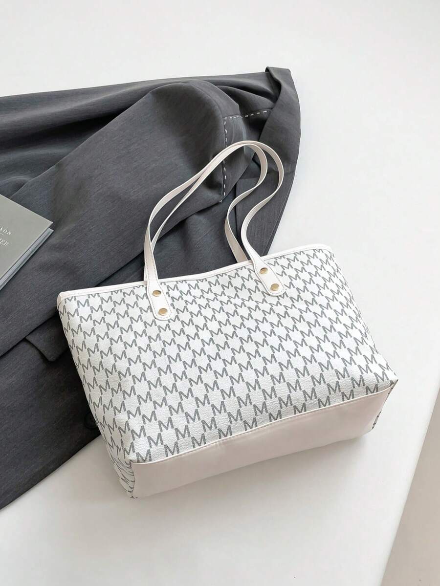 Fully Printed Tote Bag, Vintage Letter Print Tote Bag With Large Capacity, Perfect Underarm Bag For Commuting And Travel, Great Mother's Day Gift For Mom