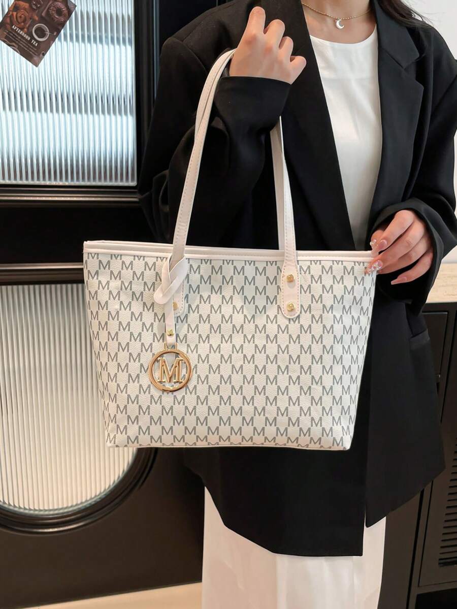 Fully Printed Tote Bag, Vintage Letter Print Tote Bag With Large Capacity, Perfect Underarm Bag For Commuting And Travel, Great Mother's Day Gift For Mom