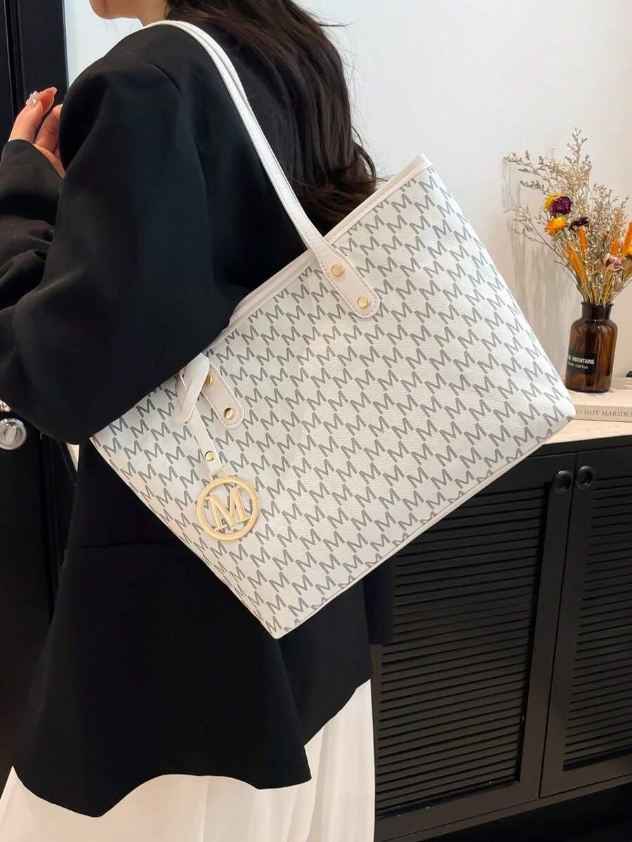 Fully Printed Tote Bag, Vintage Letter Print Tote Bag With Large Capacity, Perfect Underarm Bag For Commuting And Travel, Great Mother's Day Gift For Mom
