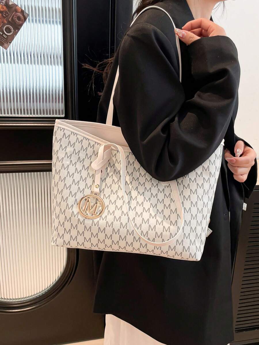Fully Printed Tote Bag, Vintage Letter Print Tote Bag With Large Capacity, Perfect Underarm Bag For Commuting And Travel, Great Mother's Day Gift For Mom