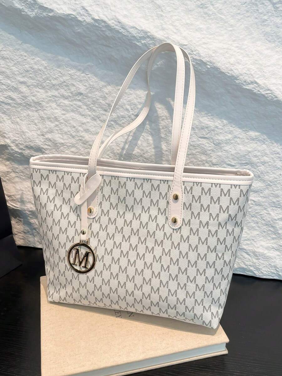 Fully Printed Tote Bag, Vintage Letter Print Tote Bag With Large Capacity, Perfect Underarm Bag For Commuting And Travel, Great Mother's Day Gift For Mom