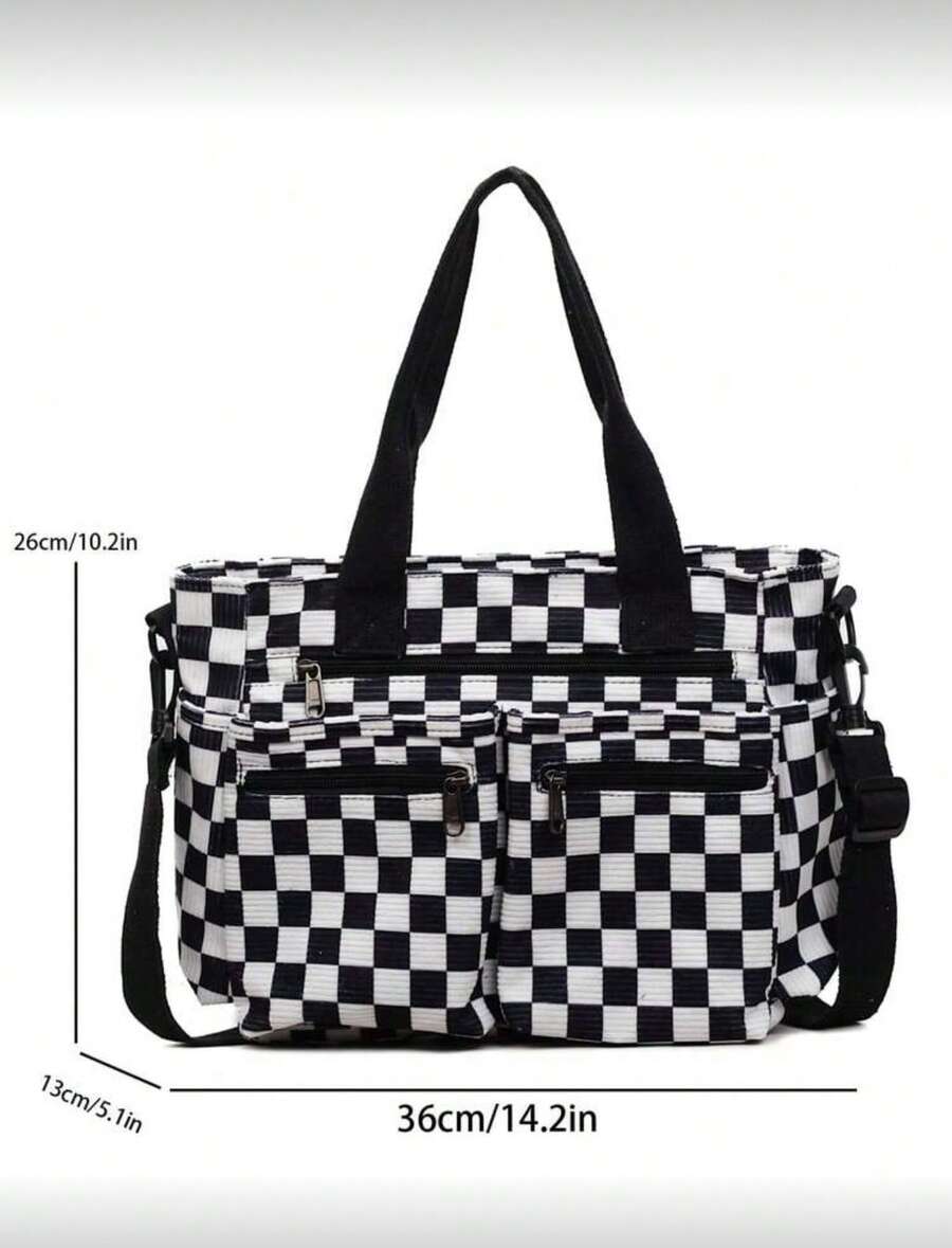 1pc Checkerboard Pattern Corduroy Material Women's Fashion Tote Bag, Large Capacity Multi-Pocket Organizer Bag With Detachable Adjustable Shoulder Strap, Suitable For Casual, Shopping, Travel, Work, S
