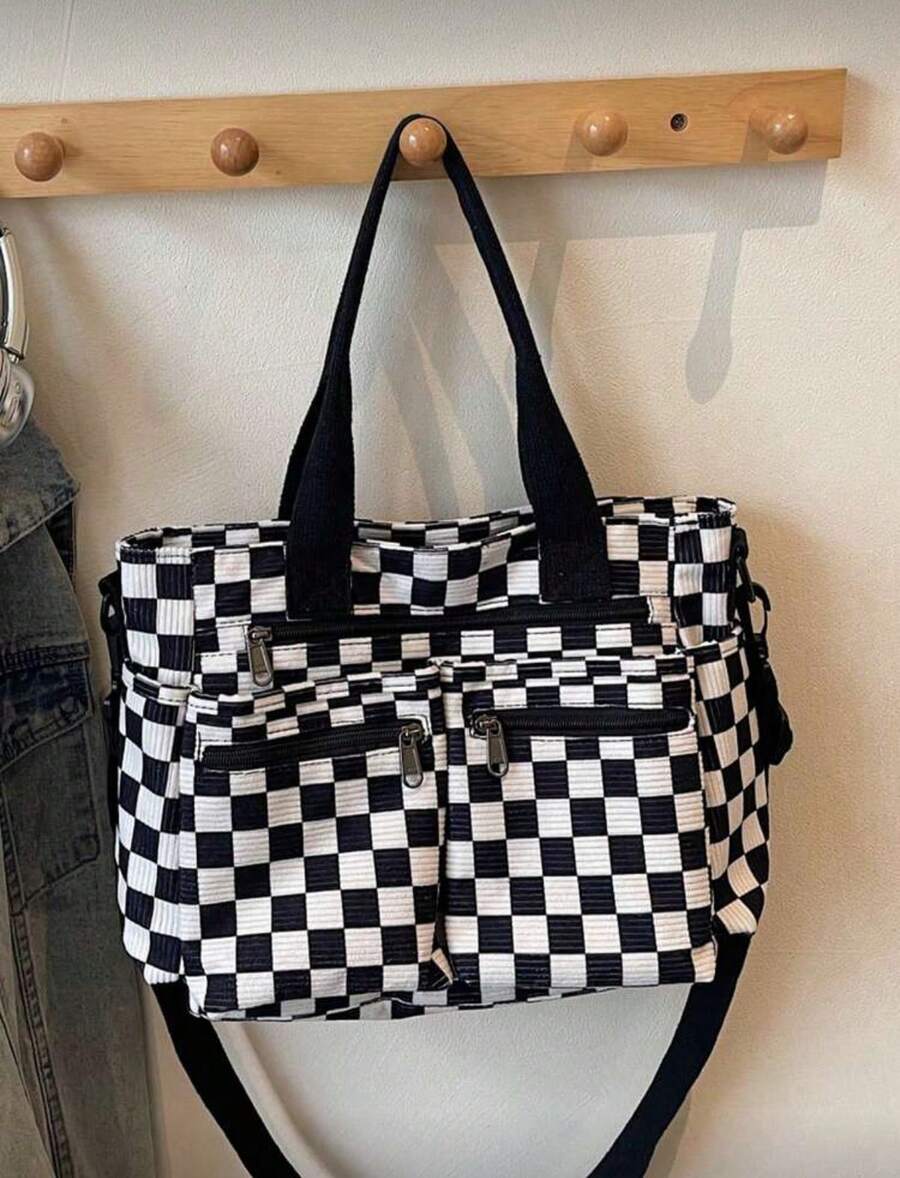 1pc Checkerboard Pattern Corduroy Material Women's Fashion Tote Bag, Large Capacity Multi-Pocket Organizer Bag With Detachable Adjustable Shoulder Strap, Suitable For Casual, Shopping, Travel, Work, S