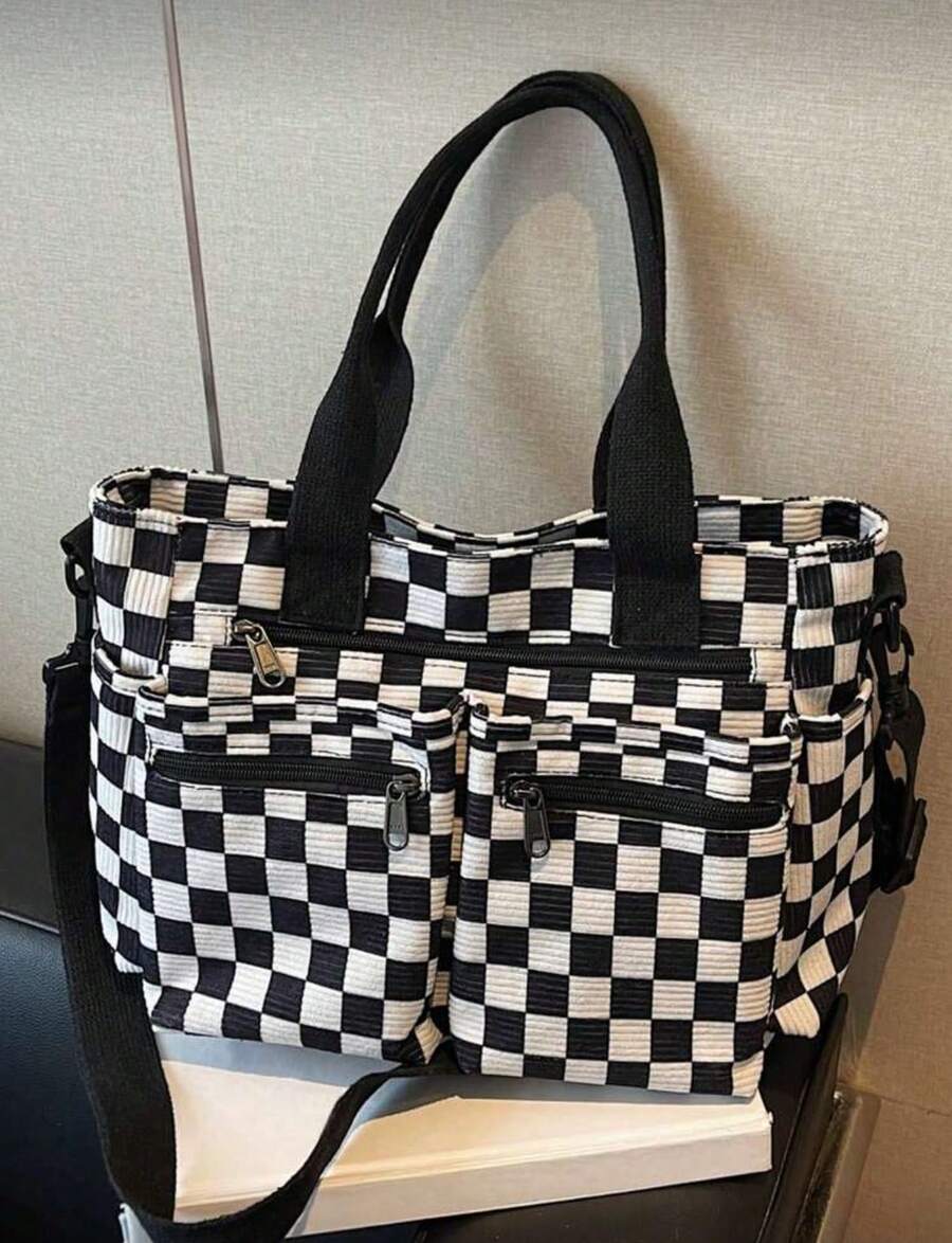 1pc Checkerboard Pattern Corduroy Material Women's Fashion Tote Bag, Large Capacity Multi-Pocket Organizer Bag With Detachable Adjustable Shoulder Strap, Suitable For Casual, Shopping, Travel, Work, S