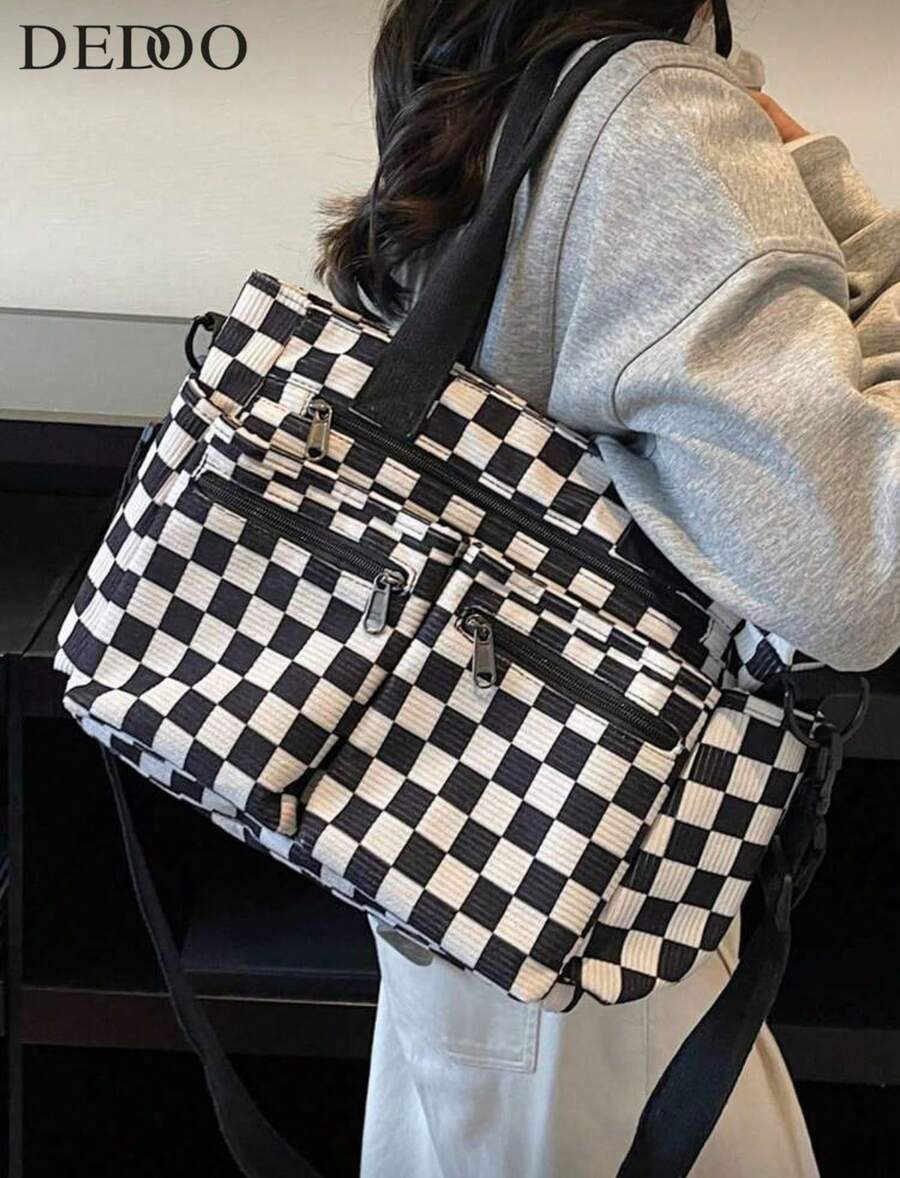 1pc Checkerboard Pattern Corduroy Material Women's Fashion Tote Bag, Large Capacity Multi-Pocket Organizer Bag With Detachable Adjustable Shoulder Strap, Suitable For Casual, Shopping, Travel, Work, S