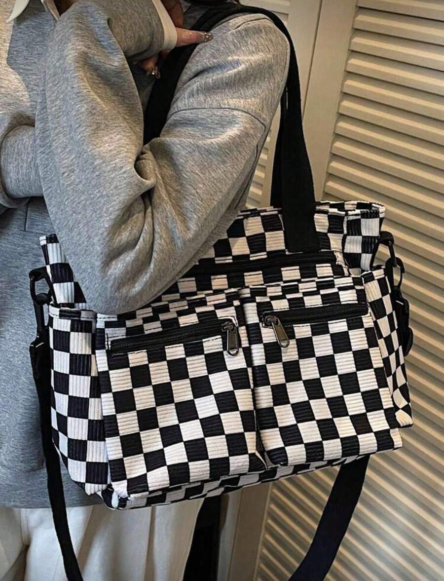 1pc Checkerboard Pattern Corduroy Material Women's Fashion Tote Bag, Large Capacity Multi-Pocket Organizer Bag With Detachable Adjustable Shoulder Strap, Suitable For Casual, Shopping, Travel, Work, S
