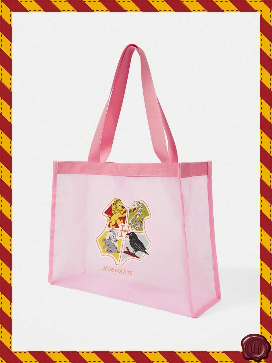 SpongeBob SquarePants| Black Mesh Tote Bag With Printed Pattern, Large Capacity, Portable, Suitable For Vacation, Travel, Shopping