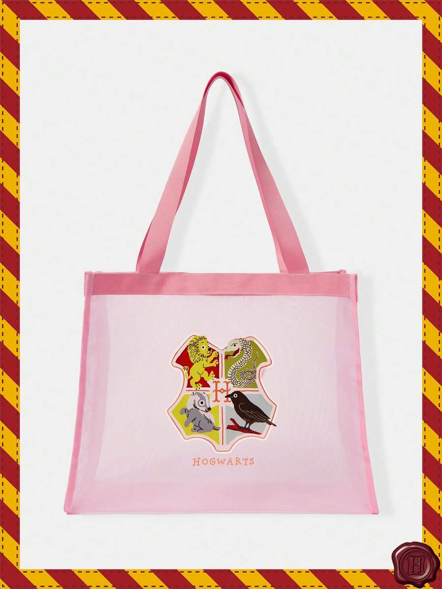 SpongeBob SquarePants| Black Mesh Tote Bag With Printed Pattern, Large Capacity, Portable, Suitable For Vacation, Travel, Shopping