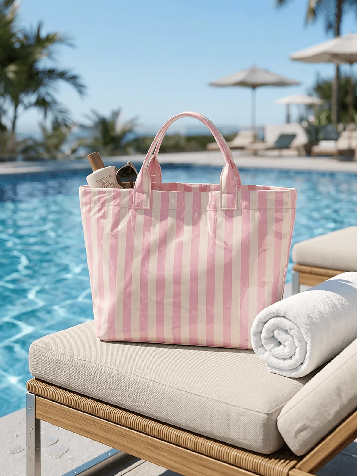 Striped PVC Coated Tote Bag, Large Capacity Travel Handbag, Suitable For Beach, Pool, Shopping, Vacation, Picnic And Daily Carry