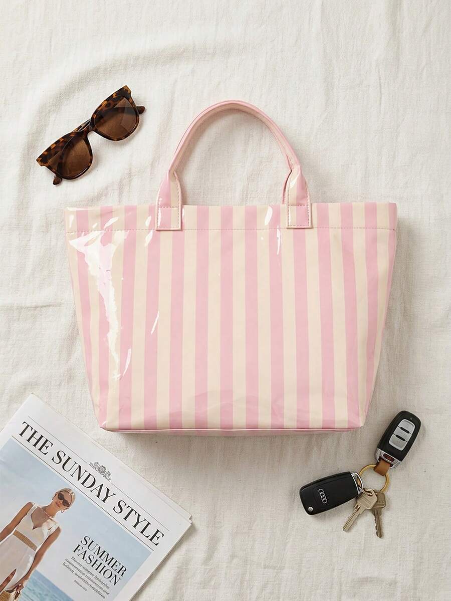 Striped PVC Coated Tote Bag, Large Capacity Travel Handbag, Suitable For Beach, Pool, Shopping, Vacation, Picnic And Daily Carry