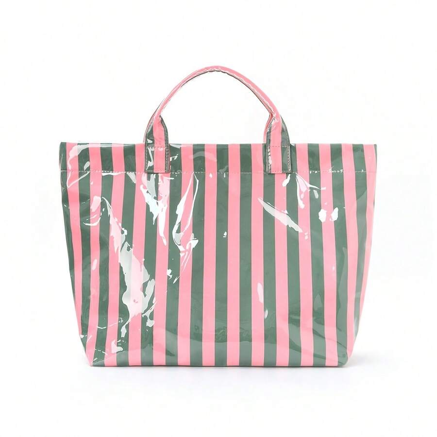 Striped PVC Coated Tote Bag, Large Capacity Travel Handbag, Suitable For Beach, Pool, Shopping, Vacation, Picnic And Daily Carry