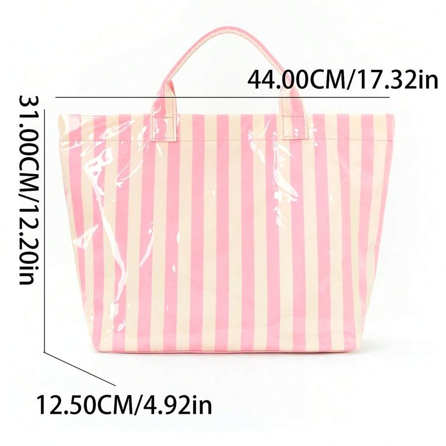 Striped PVC Coated Tote Bag, Large Capacity Travel Handbag, Suitable For Beach, Pool, Shopping, Vacation, Picnic And Daily Carry