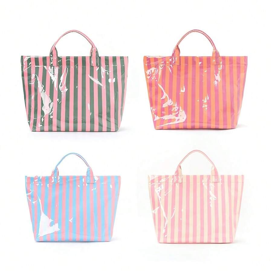 Striped PVC Coated Tote Bag, Large Capacity Travel Handbag, Suitable For Beach, Pool, Shopping, Vacation, Picnic And Daily Carry