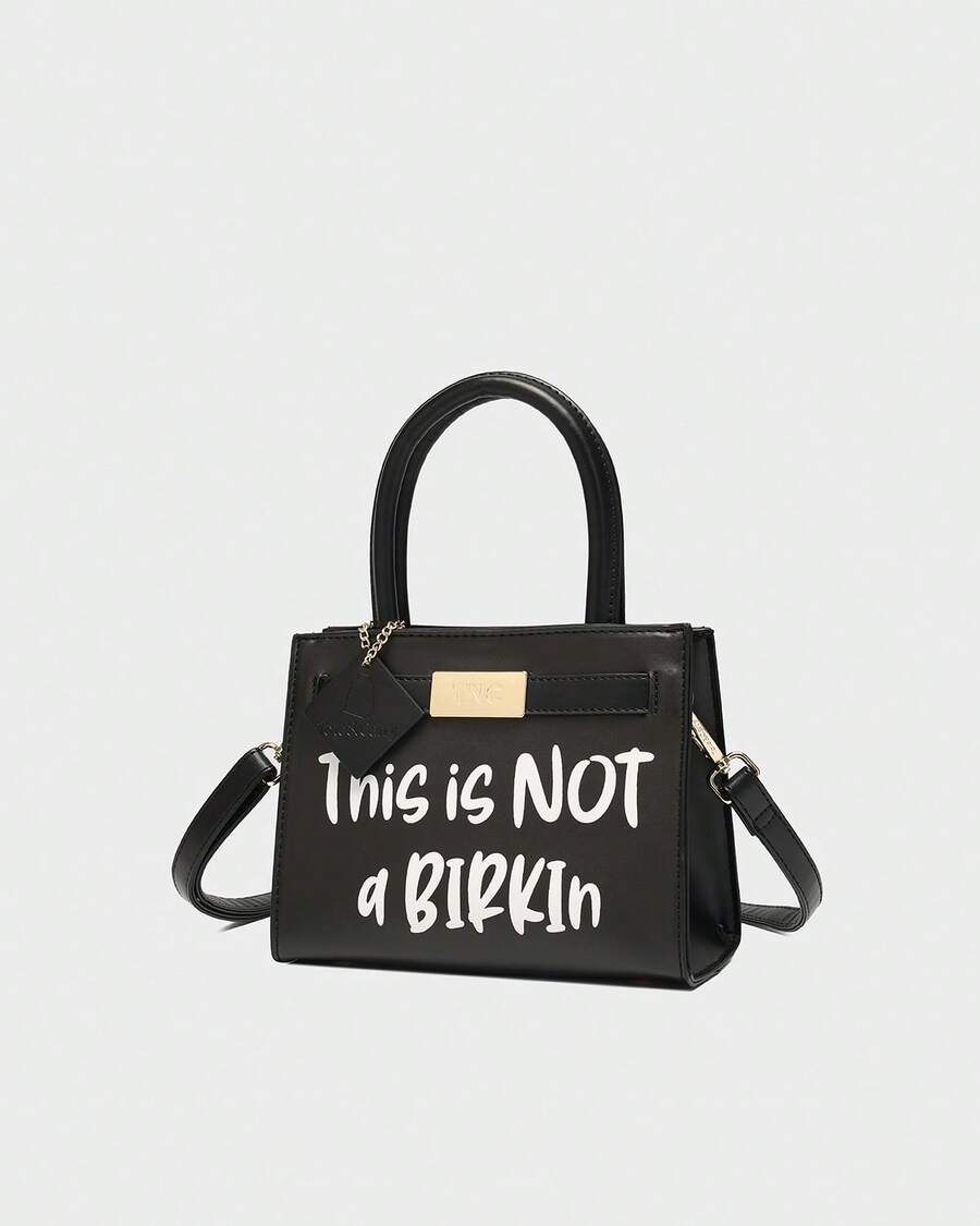 Tote&Carry Women's Y2K Baddie Sassy Letter Print Mini Tote Bag, Vibrant Black PU Leather Crossbody Top Handle Purse, This Is Not A Birkin Ironic Luxury Parody Statement Handbag For Spring Festival Con