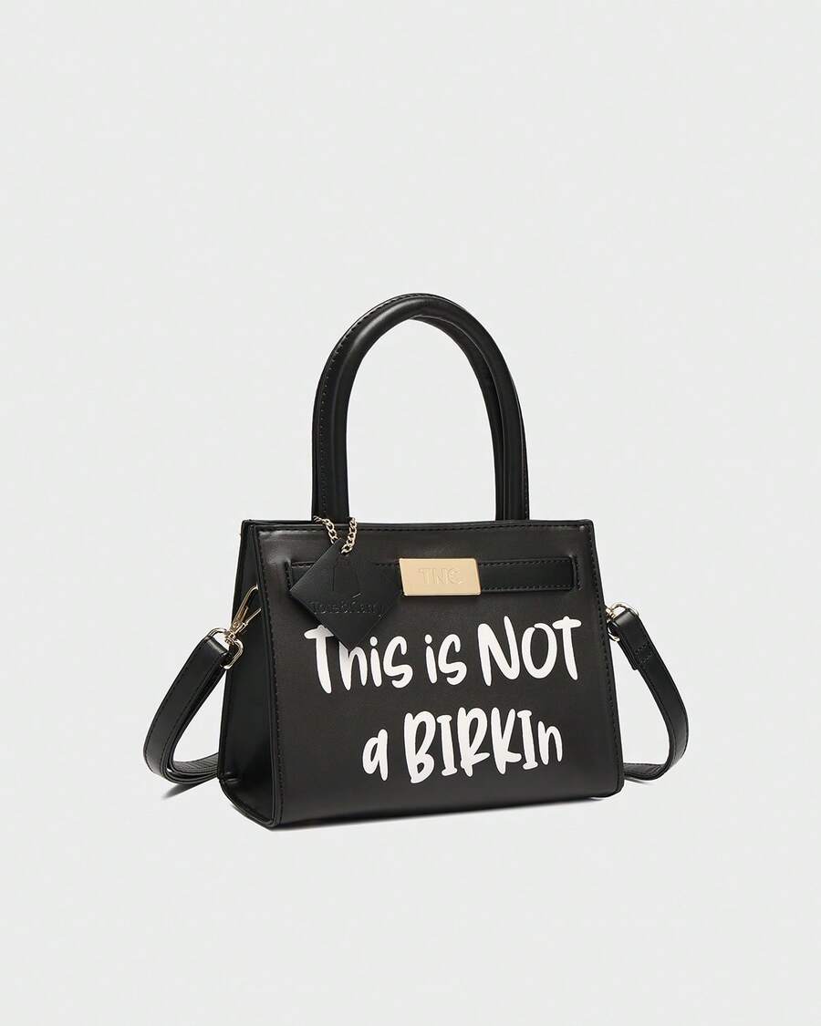 Tote&Carry Women's Y2K Baddie Sassy Letter Print Mini Tote Bag, Vibrant Black PU Leather Crossbody Top Handle Purse, This Is Not A Birkin Ironic Luxury Parody Statement Handbag For Spring Festival Con