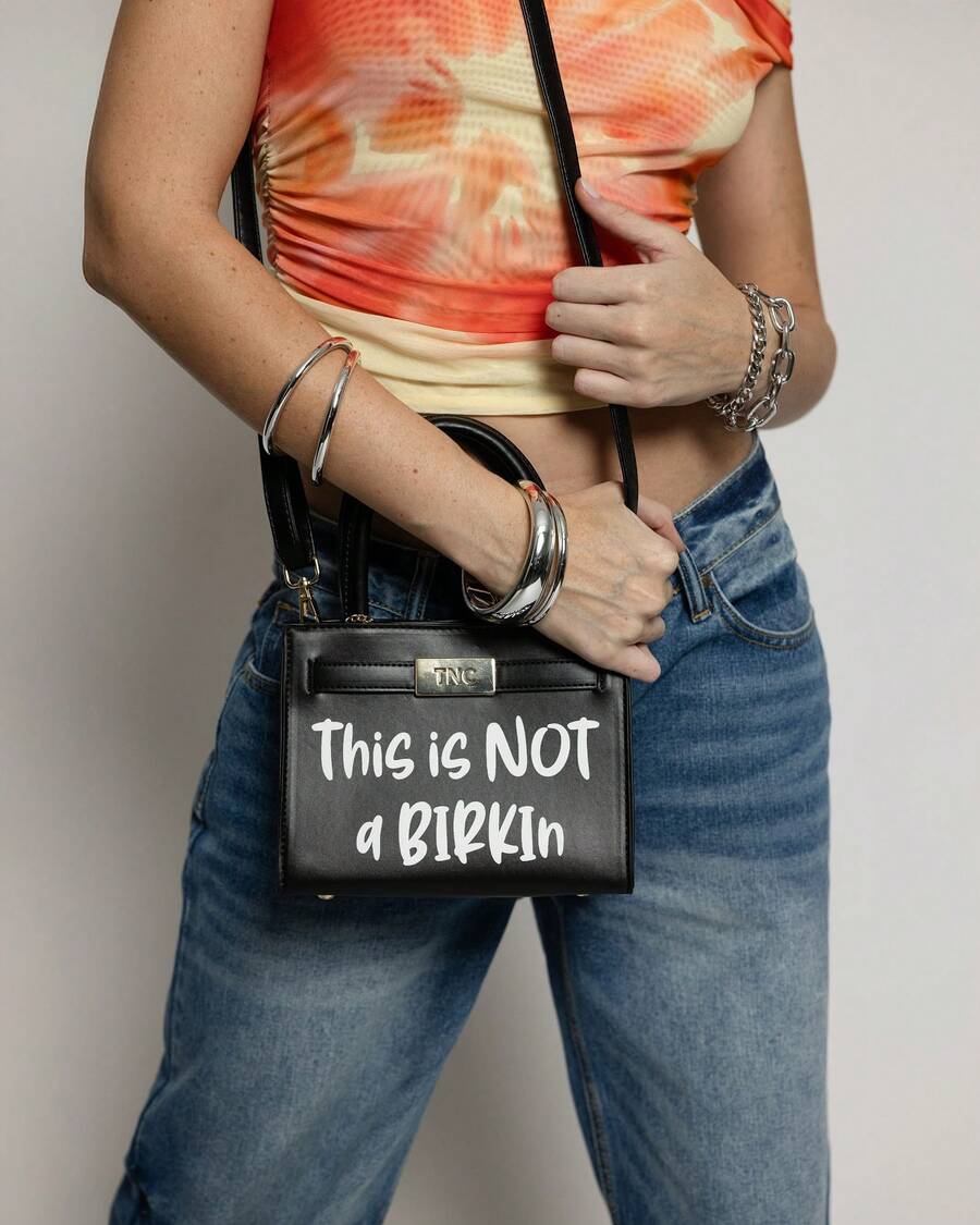Tote&Carry Women's Y2K Baddie Sassy Letter Print Mini Tote Bag, Vibrant Black PU Leather Crossbody Top Handle Purse, This Is Not A Birkin Ironic Luxury Parody Statement Handbag For Spring Festival Con