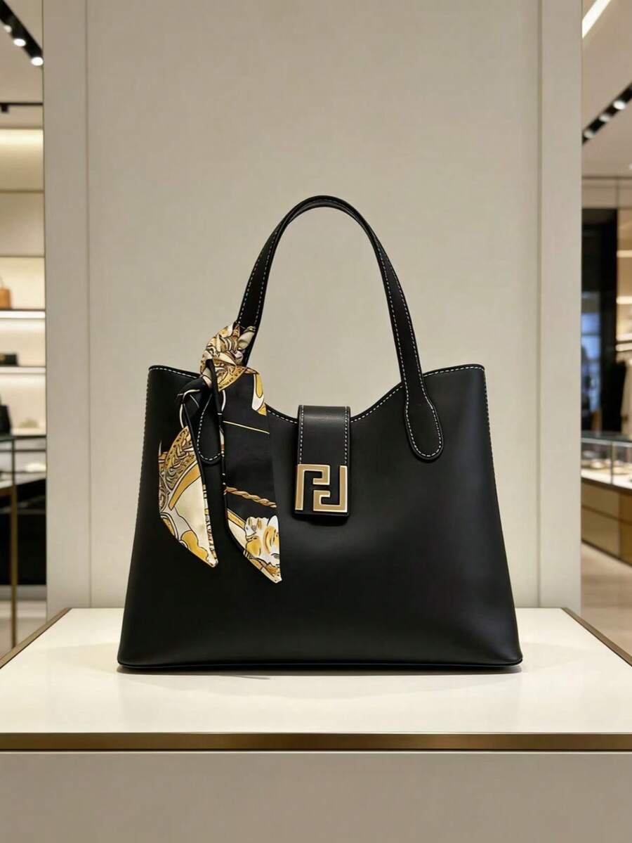 1pc Black & Gold Metal Buckle Scarf Tote Bag, Luxury High-End, Ins Hot Style, Commuter Elegant, Niche Design, Versatile & Chic, Exquisite Feeling, Suitable For Workplace Commute, Business Meeting, Sho