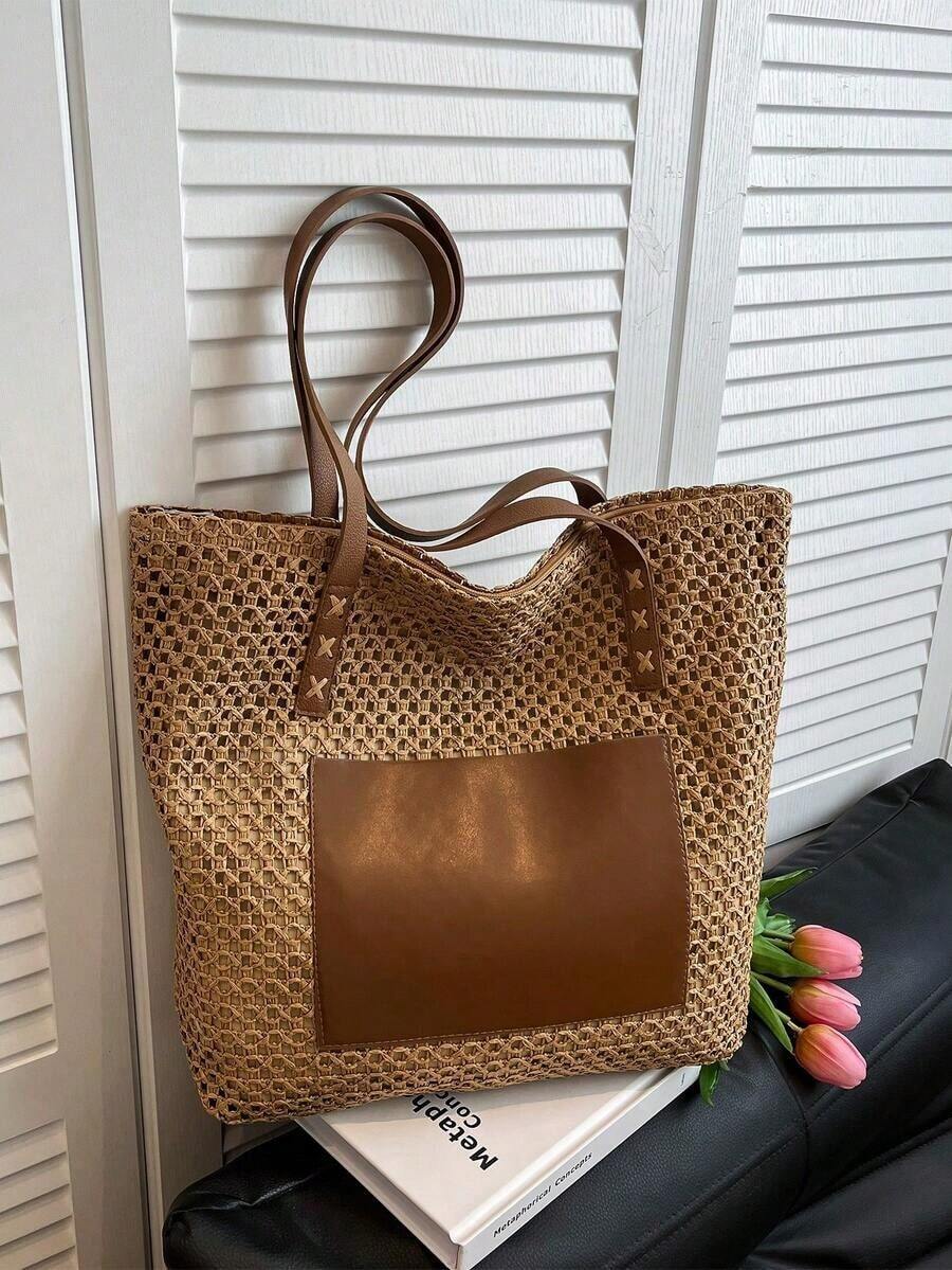 Summer Straw Beach Bag, Large Capacity Tote Bag, Grocery Basket Bag, Handbag, Vacation Style, Simple & Versatile, Multi-Pocket Women Bag, Suitable For Dresses, Shopping, Travel, Storage, Wicker Bag