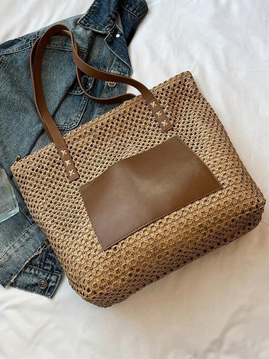 Summer Straw Beach Bag, Large Capacity Tote Bag, Grocery Basket Bag, Handbag, Vacation Style, Simple & Versatile, Multi-Pocket Women Bag, Suitable For Dresses, Shopping, Travel, Storage, Wicker Bag