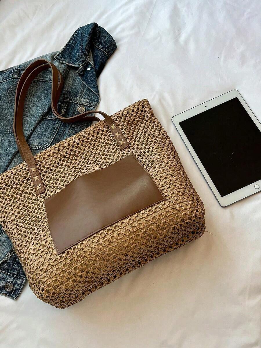 Summer Straw Beach Bag, Large Capacity Tote Bag, Grocery Basket Bag, Handbag, Vacation Style, Simple & Versatile, Multi-Pocket Women Bag, Suitable For Dresses, Shopping, Travel, Storage, Wicker Bag