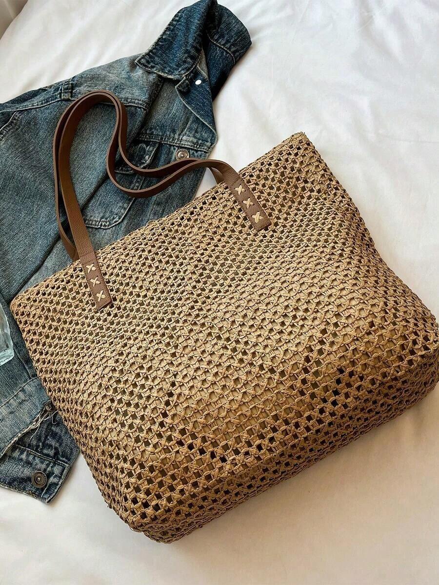 Summer Straw Beach Bag, Large Capacity Tote Bag, Grocery Basket Bag, Handbag, Vacation Style, Simple & Versatile, Multi-Pocket Women Bag, Suitable For Dresses, Shopping, Travel, Storage, Wicker Bag