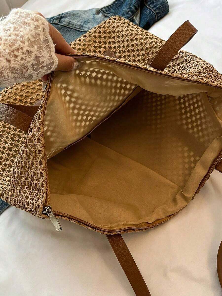 Summer Straw Beach Bag, Large Capacity Tote Bag, Grocery Basket Bag, Handbag, Vacation Style, Simple & Versatile, Multi-Pocket Women Bag, Suitable For Dresses, Shopping, Travel, Storage, Wicker Bag