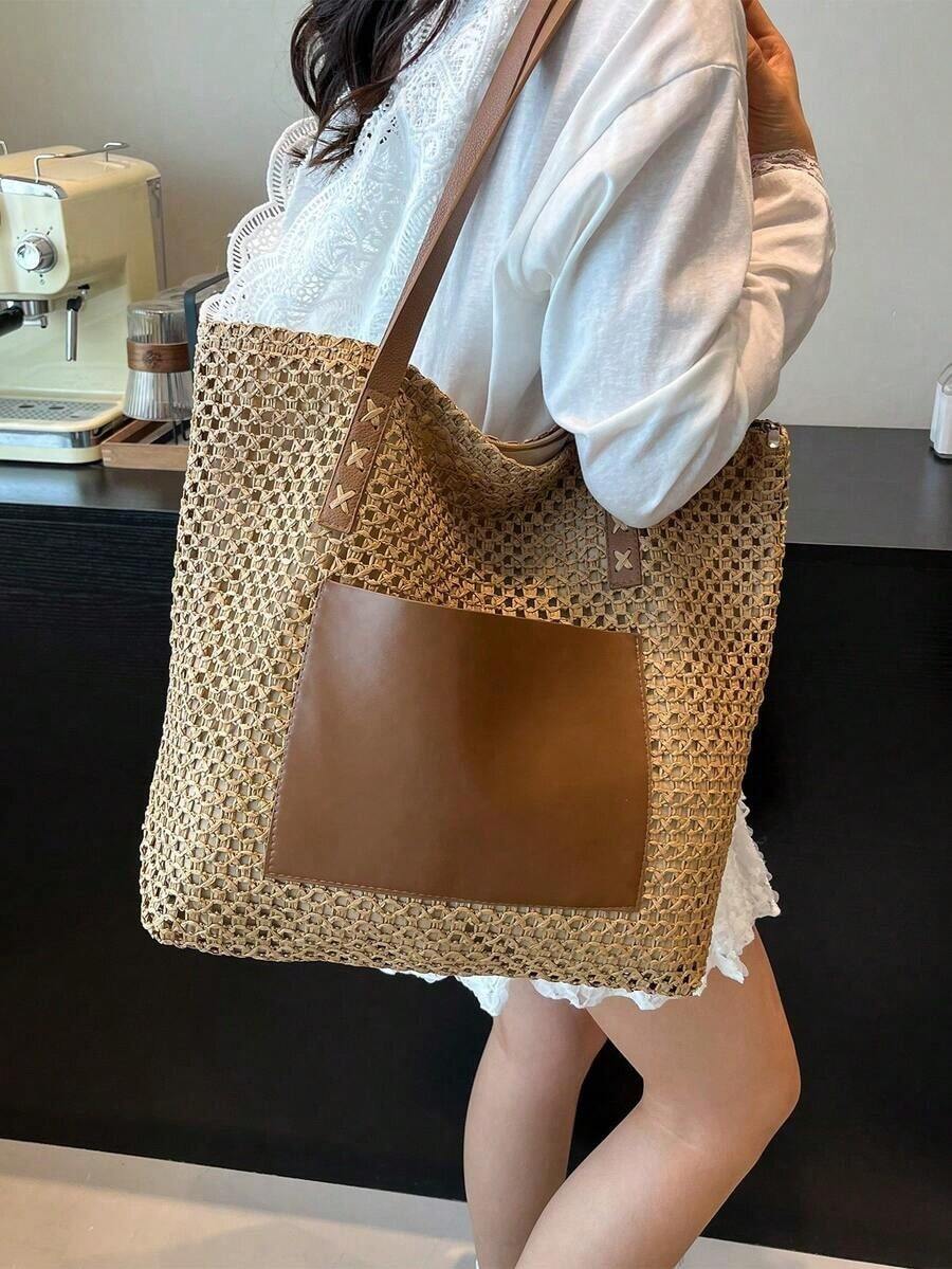 Summer Straw Beach Bag, Large Capacity Tote Bag, Grocery Basket Bag, Handbag, Vacation Style, Simple & Versatile, Multi-Pocket Women Bag, Suitable For Dresses, Shopping, Travel, Storage, Wicker Bag